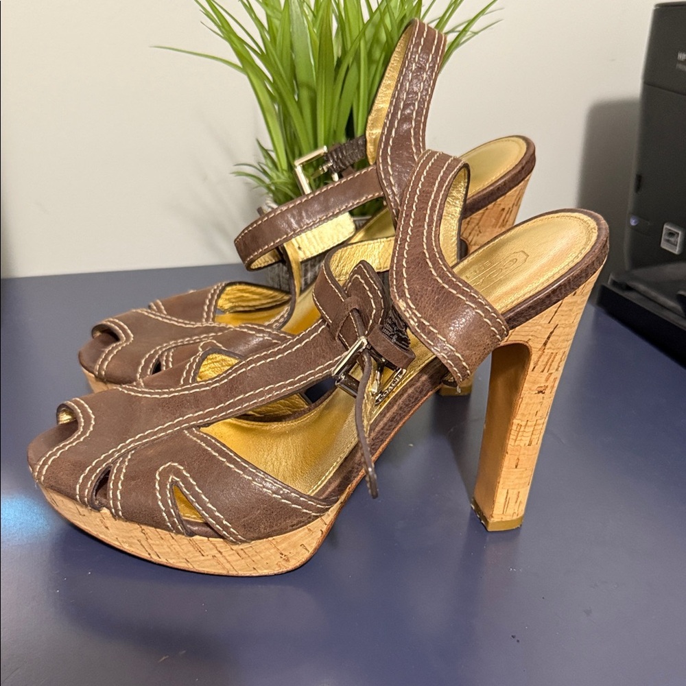 Coach Brown Suede Cork Wedge Sandals - Picture 2 of 7